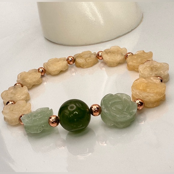 YELLOW JADE + AVENTURINE NATURAL STONES BRACELET 7.5” - Picture 4 of 11